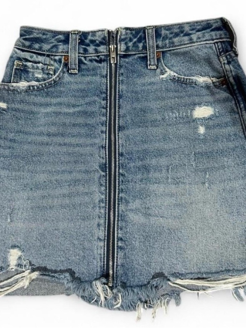 Abercrombie & Fitch Light Wash Distressed Front-Zip Denim Mini Skirt